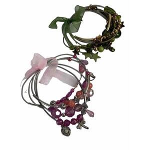 New Lot of 2 Gunmetal Spring Wire Bracelet set of 7 Green Gold Tone Pink Beachy
